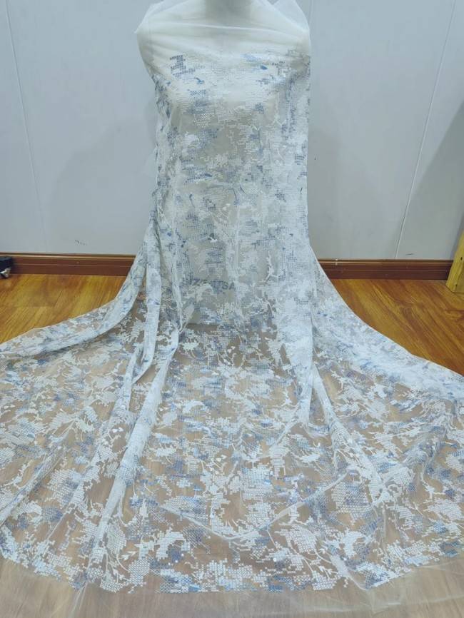 1 Yard White Tulle Beaded Embroidered Bridal Lace Material Fabric RX107
