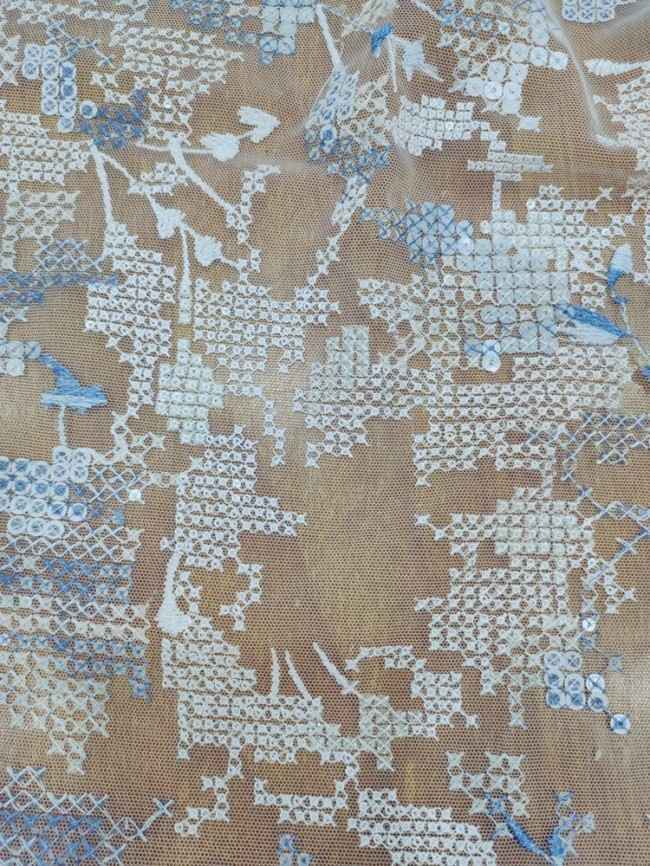 1 Yard White Tulle Beaded Embroidered Bridal Lace Material Fabric RX107