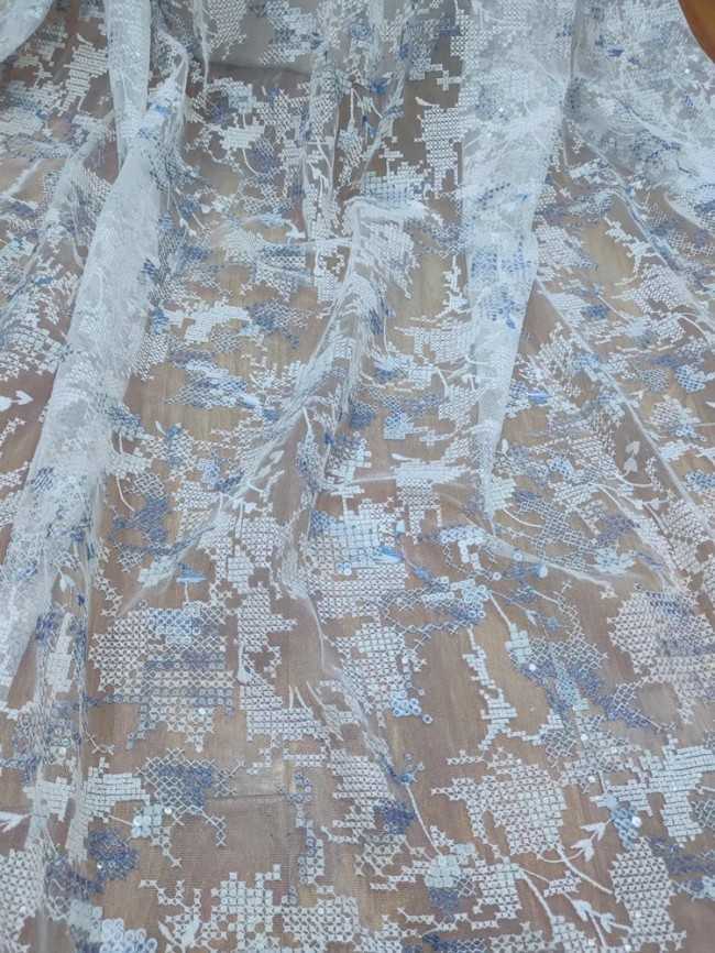 1 Yard White Tulle Beaded Embroidered Bridal Lace Material Fabric RX107