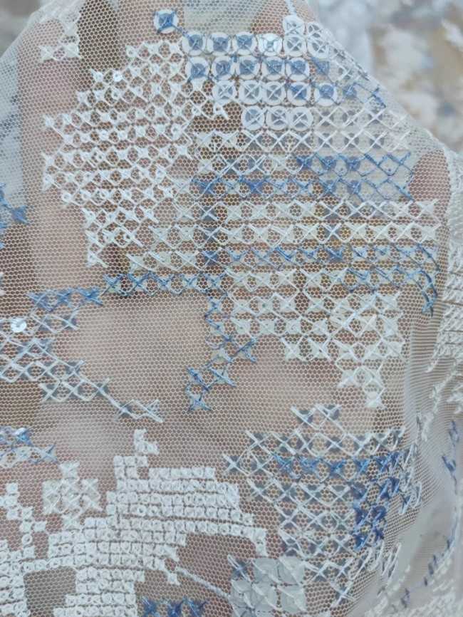 1 Yard White Tulle Beaded Embroidered Bridal Lace Material Fabric RX107