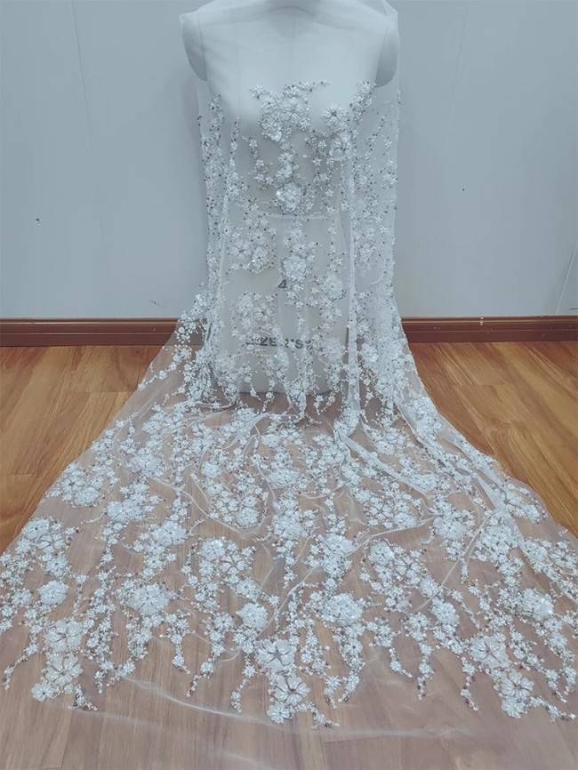1 Yard White Tulle Beaded Embroidered Bridal Lace Material Fabric RX108