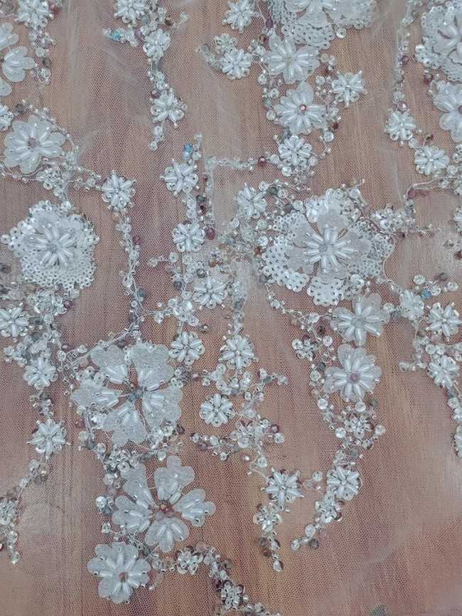 1 Yard White Tulle Beaded Embroidered Bridal Lace Material Fabric RX108