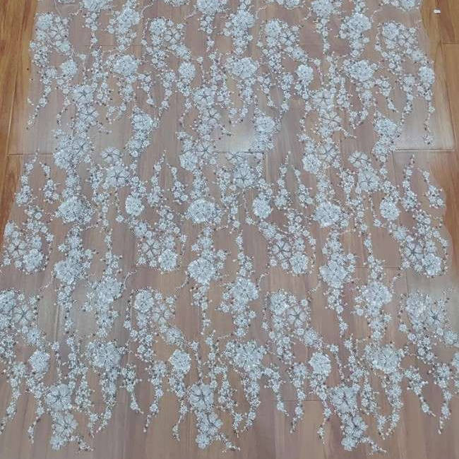 1 Yard White Tulle Beaded 3D Floral Bridal Lace Material Fabric
