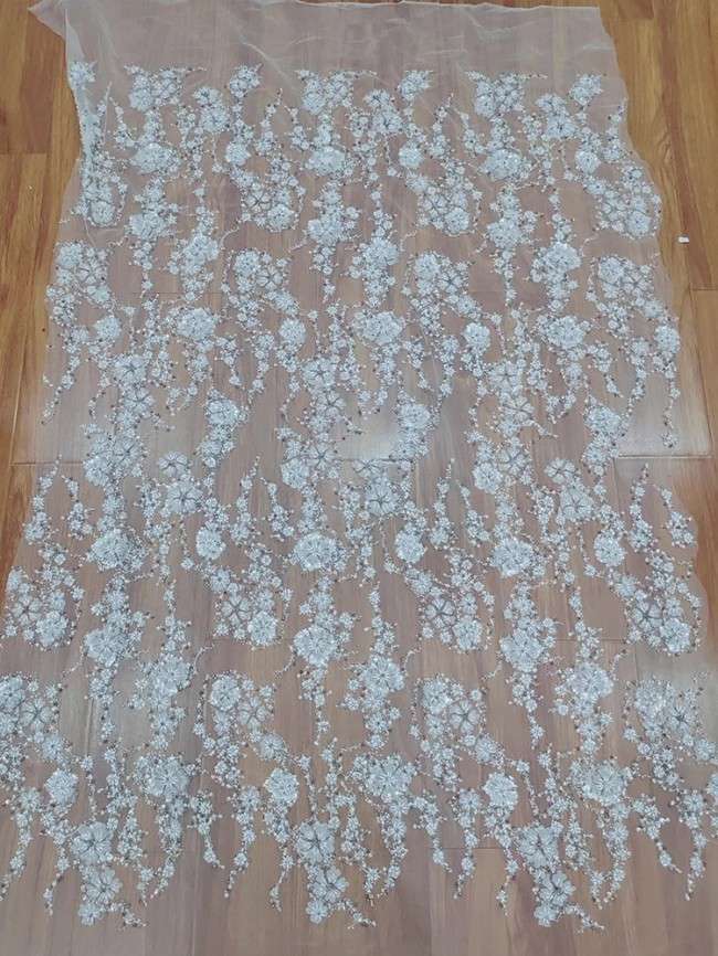 1 Yard White Tulle Beaded Embroidered Bridal Lace Material Fabric RX108
