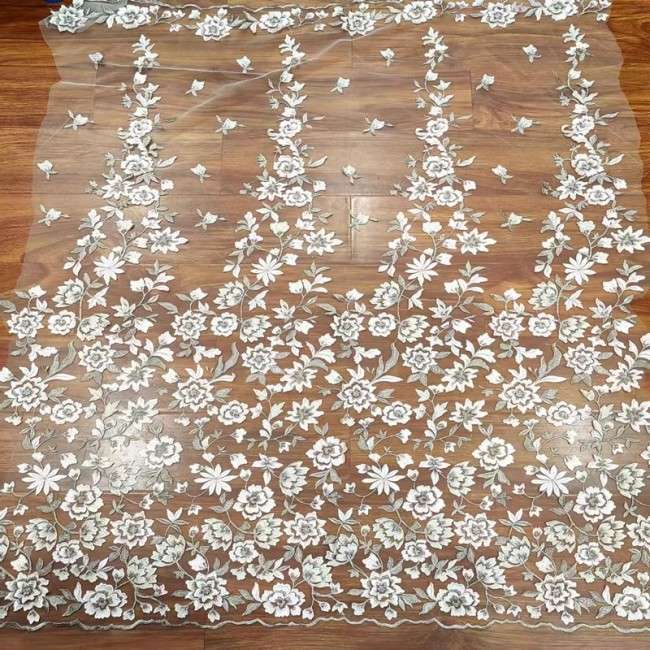 1 Yard White Tulle Beaded Embroidered Bridal Lace Material Fabric RX109