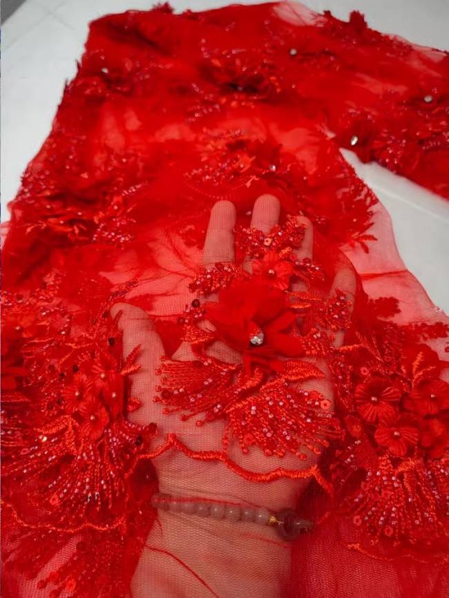 1 Yard White Tulle Beaded Embroidered Bridal Lace Material Fabric RX111