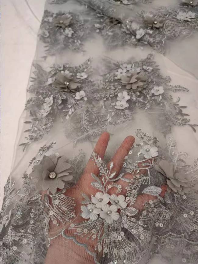 1 Yard White Tulle Beaded Embroidered Bridal Lace Material Fabric RX111