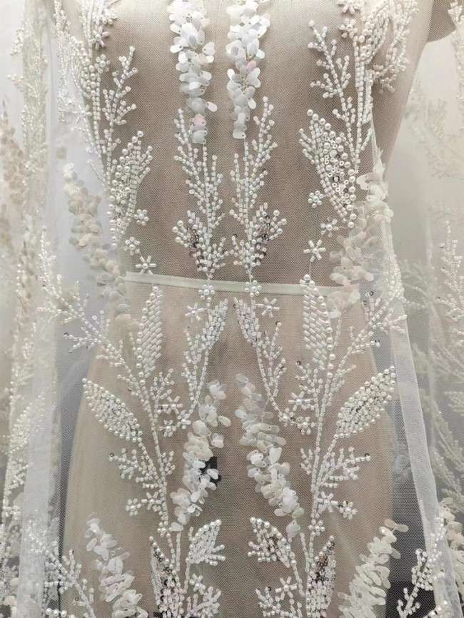 1 Yard White Tulle Beaded Embroidered Bridal Lace Material Fabric RX113