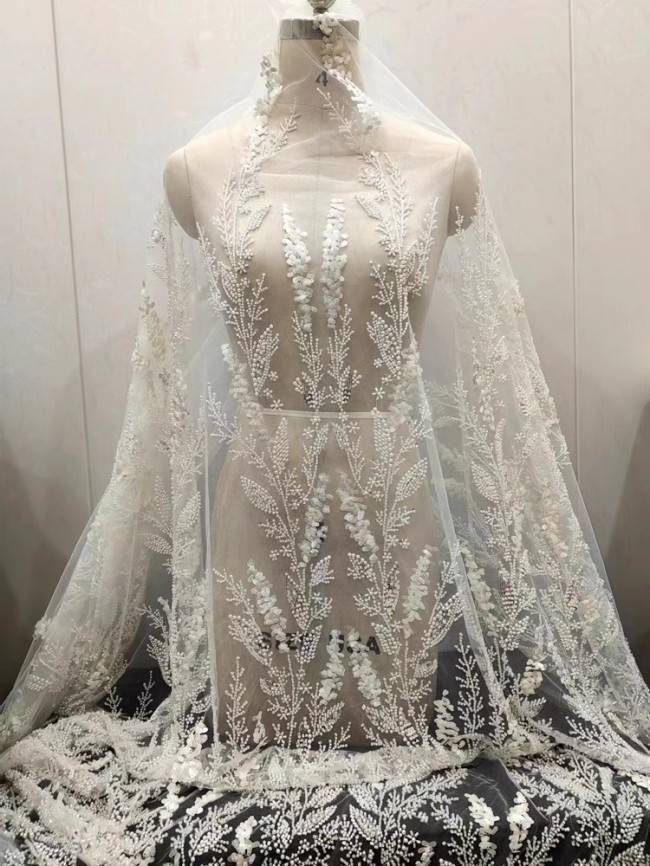 1 Yard White Tulle Beaded Embroidered Bridal Lace Material Fabric RX113