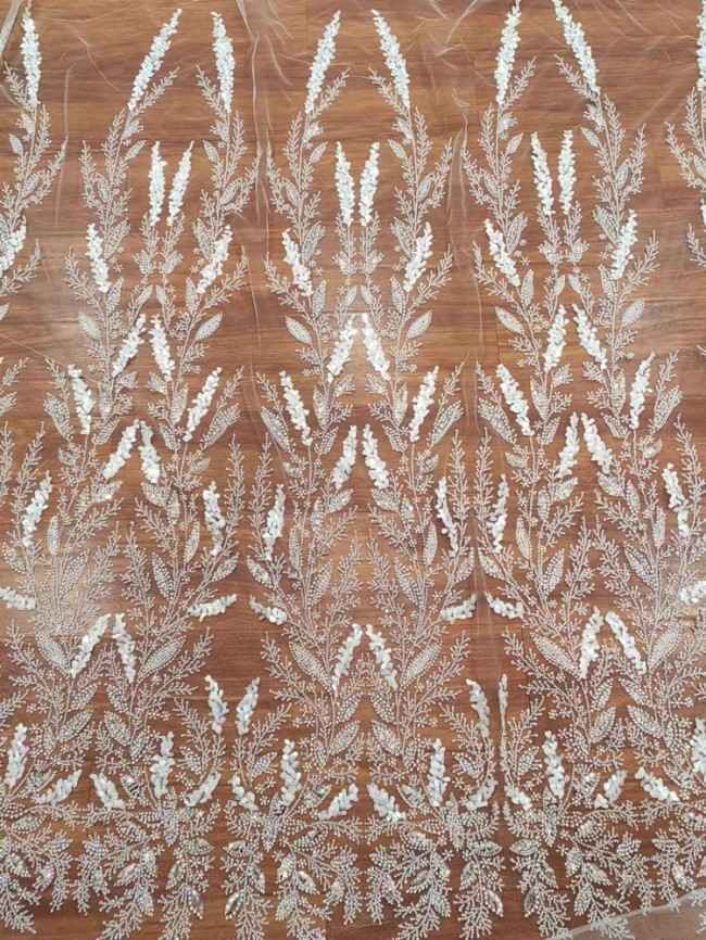 1 Yard White Tulle Beaded Embroidered Bridal Lace Material Fabric RX113