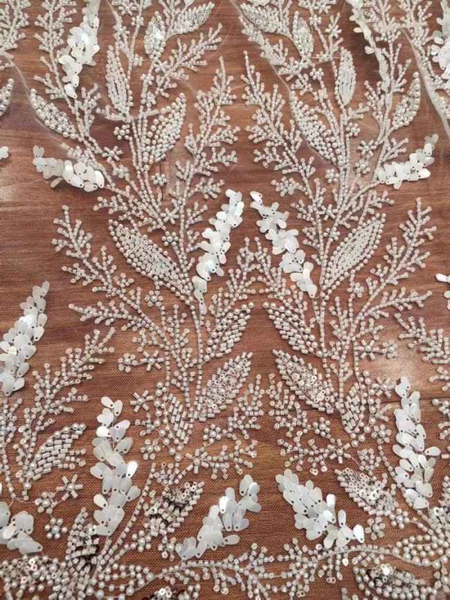1 Yard White Tulle Beaded Embroidered Bridal Lace Material Fabric RX113