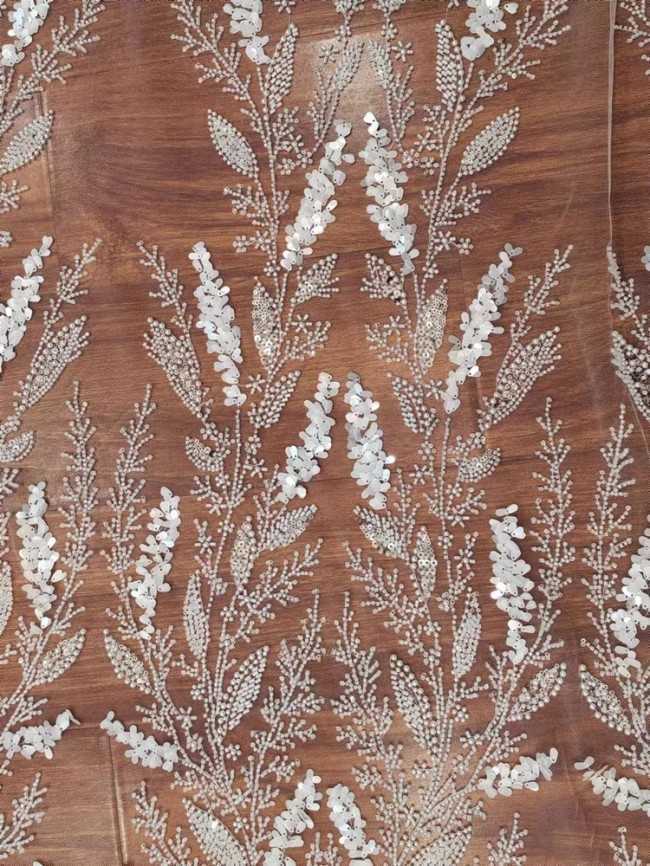 1 Yard White Tulle Beaded Embroidered Bridal Lace Material Fabric RX113