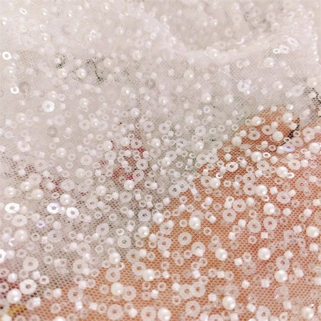 2 Pieces 1 Yard White Sequined Beaded Embroidered Bridal Lace Applique Material JZQ006