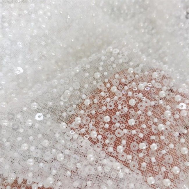 2 Pieces 1 Yard White Sequined Beaded Embroidered Bridal Lace Applique Material JZQ006