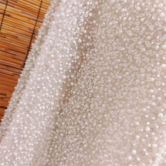 2 Pieces 1 Yard White Sequined Beaded Embroidered Bridal Lace Applique Material JZQ006