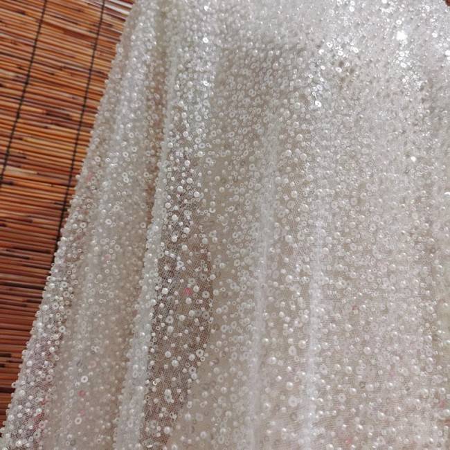 2 Pieces 1 Yard White Sequined Beaded Embroidered Bridal Lace Applique Material JZQ006