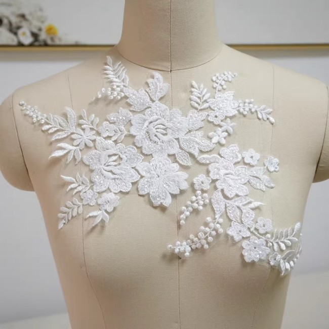 2 Pieces 1 Yard White Sequined Beaded Embroidered Bridal Lace Applique Material JZQ010