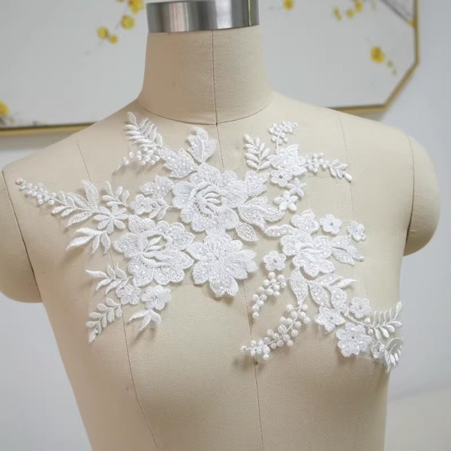 2 Pieces 1 Yard White Sequined Beaded Embroidered Bridal Lace Applique Material JZQ010