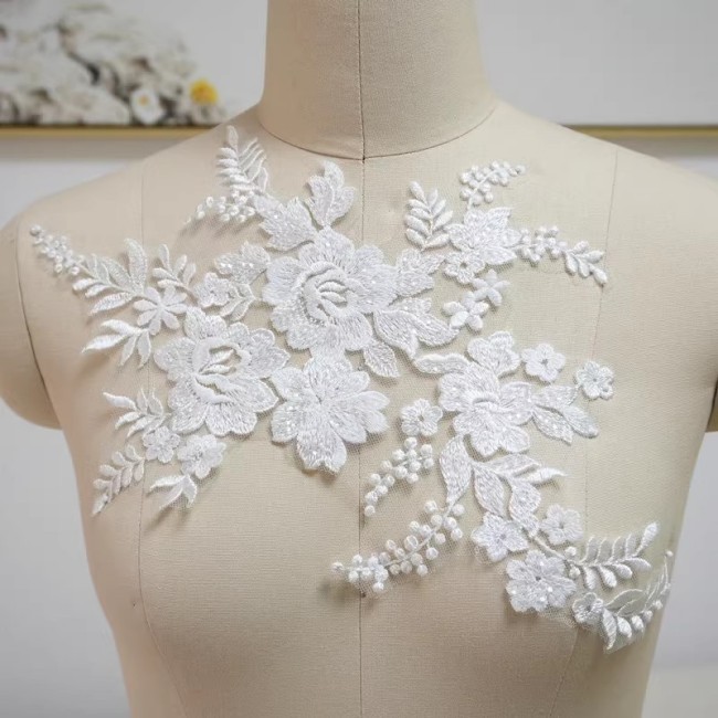 2 Pieces 1 Yard White Sequined Beaded Embroidered Bridal Lace Applique Material JZQ010