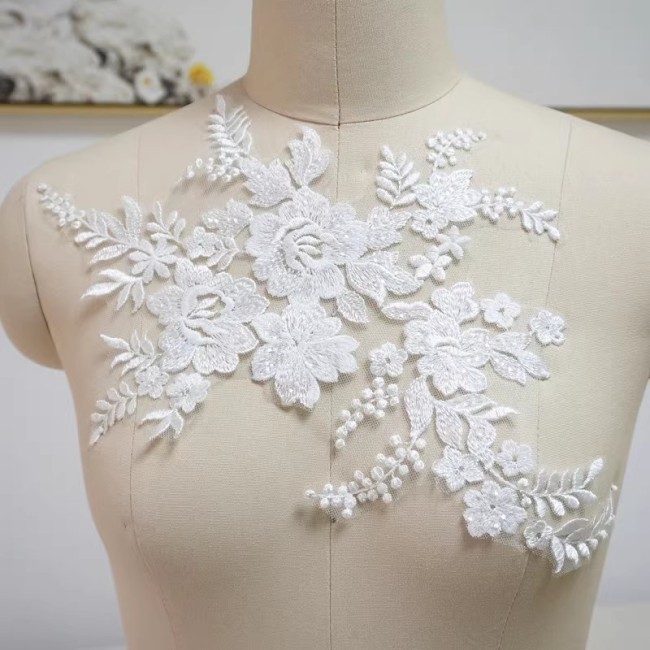 2 Pieces 1 Yard White Sequined Beaded Embroidered Bridal Lace Applique Material JZQ010