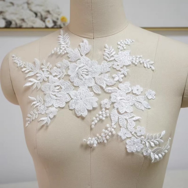 2 Pieces 1 Yard White Sequined Beaded Embroidered Bridal Lace Applique Material JZQ010