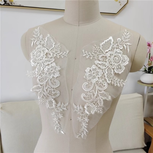2 Pieces 1 Yard White Sequined Beaded Embroidered Bridal Lace Applique Material JZQ013