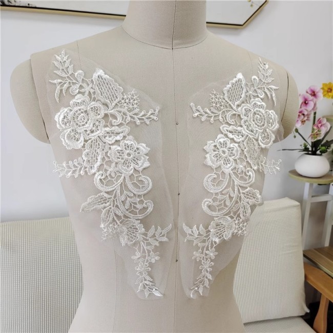 2 Pieces 1 Yard White Sequined Beaded Embroidered Bridal Lace Applique Material JZQ013