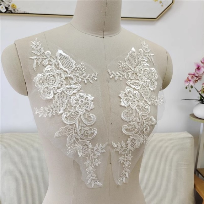 2 Pieces 1 Yard White Sequined Beaded Embroidered Bridal Lace Applique Material JZQ013