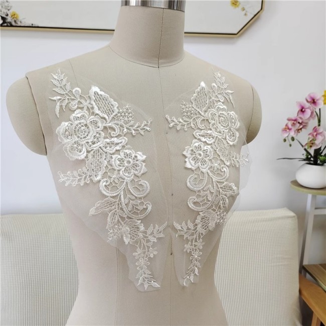 2 Pieces 1 Yard White Sequined Beaded Embroidered Bridal Lace Applique Material JZQ013