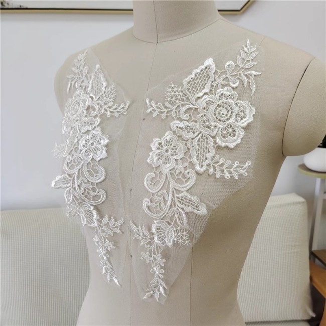 2 Pieces 1 Yard White Sequined Beaded Embroidered Bridal Lace Applique Material JZQ013