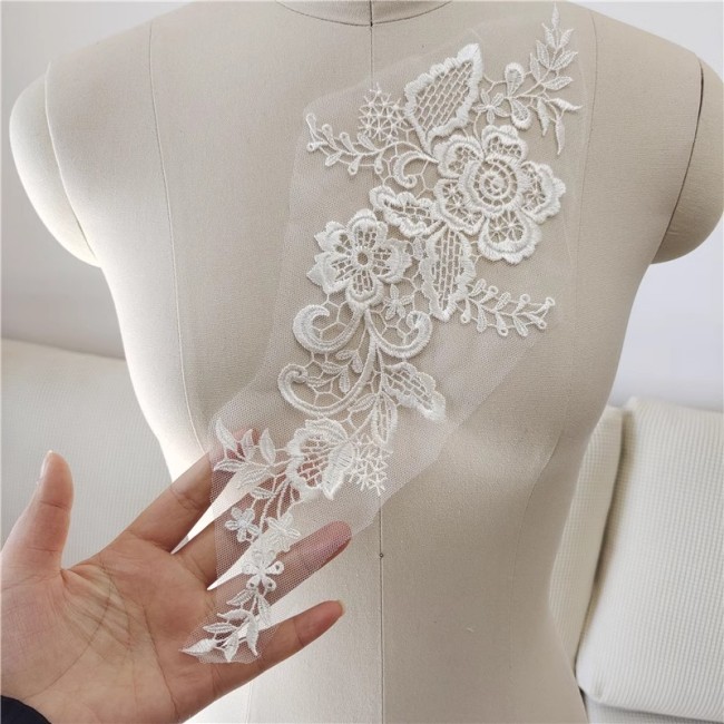 2 Pieces 1 Yard White Sequined Beaded Embroidered Bridal Lace Applique Material JZQ013