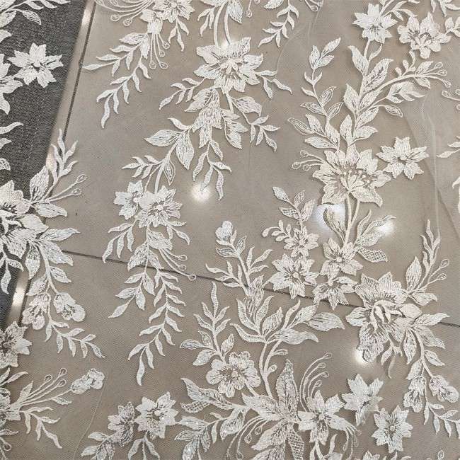2 Pieces 1 Yard White Sequined Beaded Embroidered Bridal Lace Applique Material JZQ014