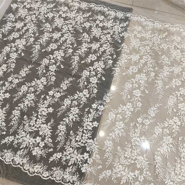 2 Pieces 1 Yard White Sequined Beaded Embroidered Bridal Lace Applique Material JZQ014