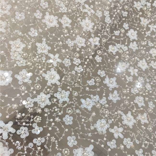 2 Pieces 1 Yard White Sequined Beaded Embroidered Bridal Lace Applique Material JZQ016