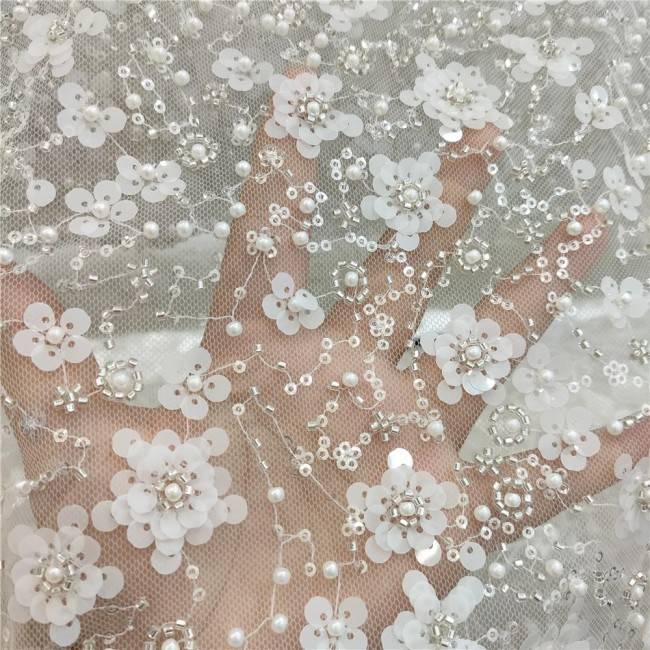 2 Pieces 1 Yard White Sequined Beaded Embroidered Bridal Lace Applique Material JZQ016