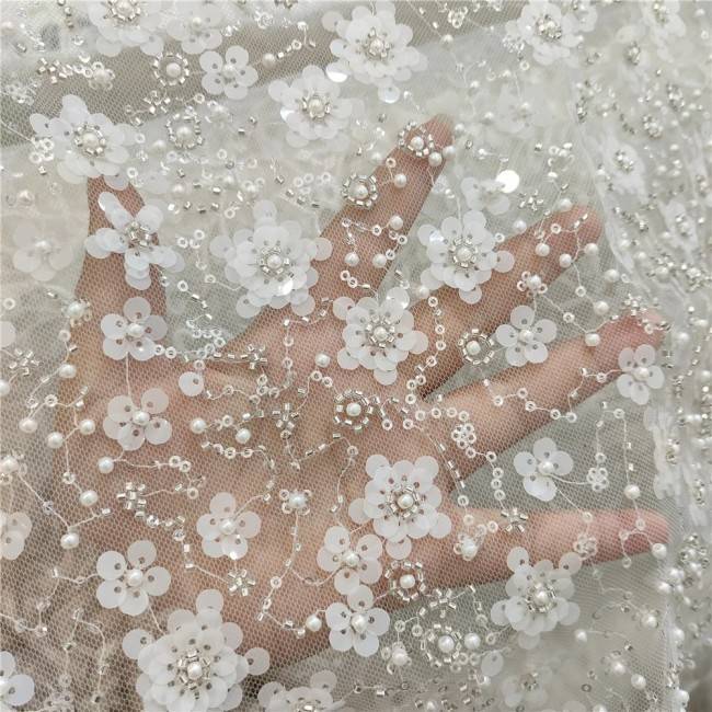 2 Pieces 1 Yard White Sequined Beaded Embroidered Bridal Lace Applique Material JZQ016