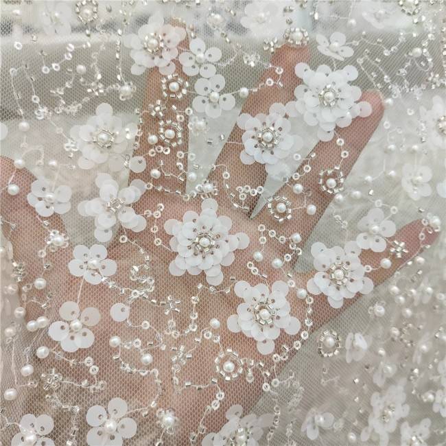 2 Pieces 1 Yard White Sequined Beaded Embroidered Bridal Lace Applique Material JZQ016