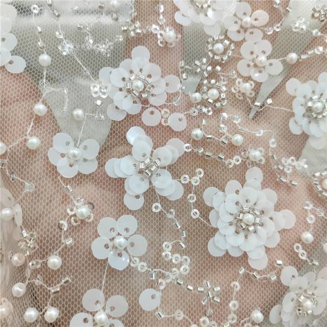 2 Pieces 1 Yard White Sequined Beaded Embroidered Bridal Lace Applique Material JZQ016