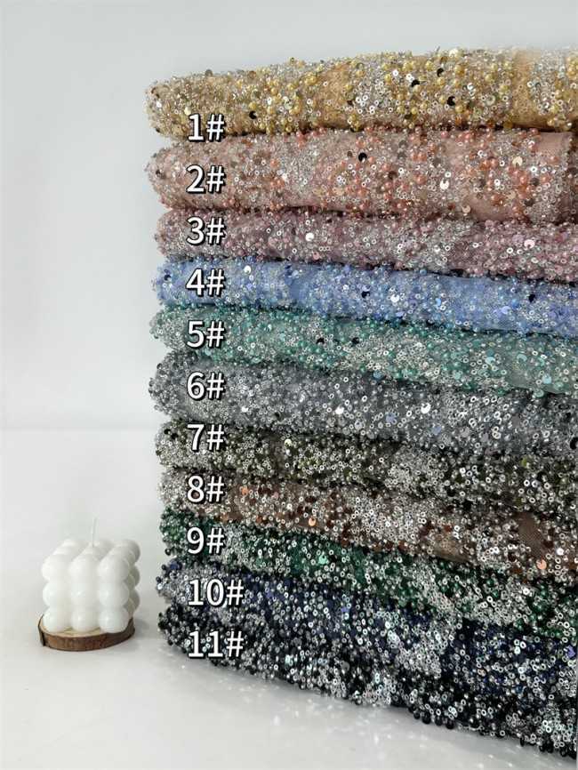 5 Yards Multi-Color Sequined Beaded Embroidered Lace Material Fabric PFS037