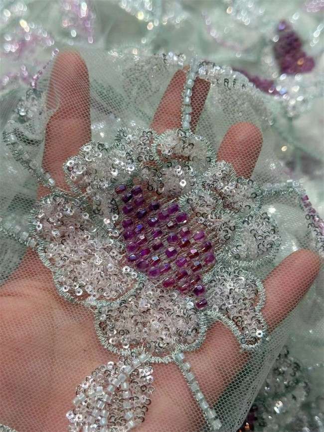 5 Yards Multi-Color Sequined Beaded Embroidered Lace Material Fabric PFS046