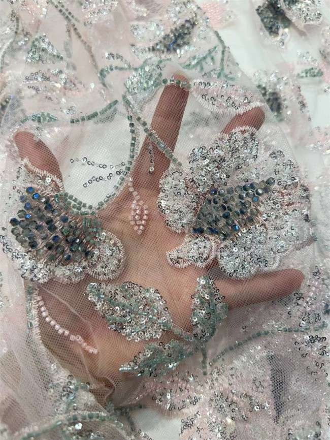 5 Yards Multi-Color Sequined Beaded Embroidered Lace Material Fabric PFS046
