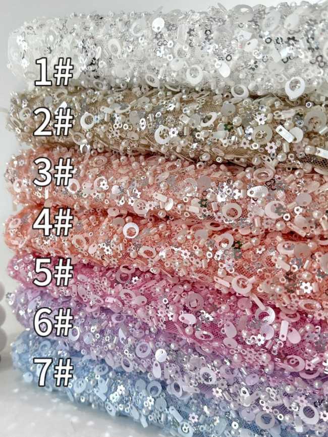 5 Yards Multi-Color Sequined Beaded Embroidered Lace Material Fabric PFS067