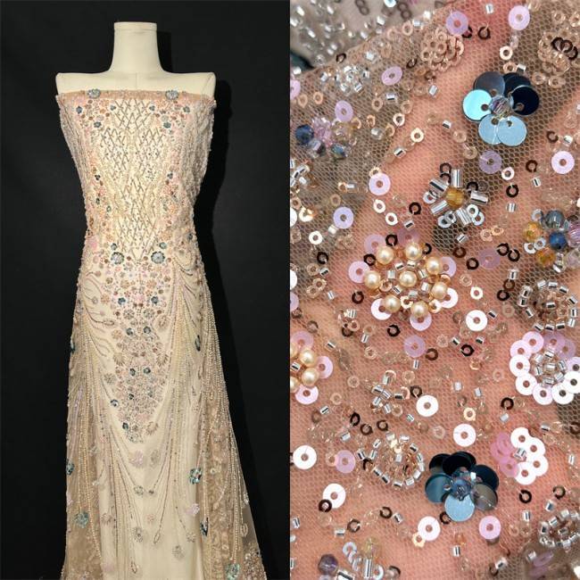 5 Yards Multi-Color Sequined Beaded Embroidered Lace Material Fabric PFS068