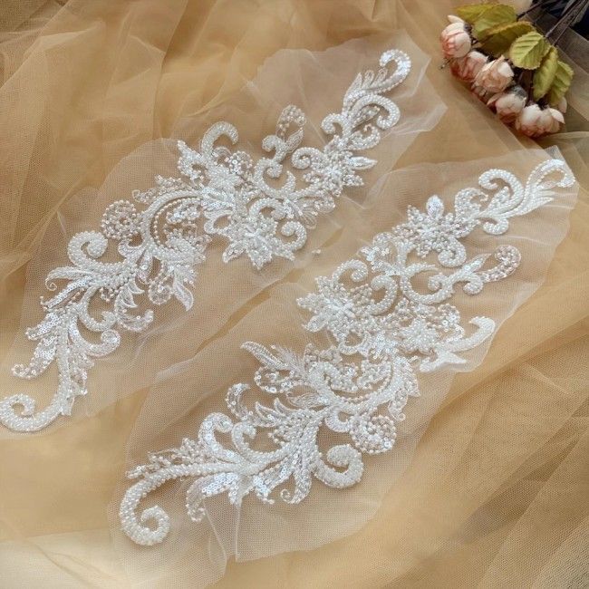 2 Pieces White Sequined Beaded Embroidered Bridal Lace Applique Material SDY003