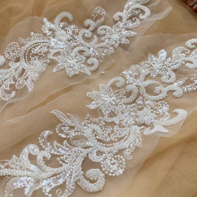 2 Pieces White Sequined Beaded Embroidered Bridal Lace Applique Material SDY003