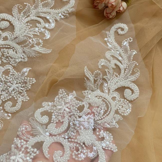 2 Pieces White Sequined Beaded Embroidered Bridal Lace Applique Material SDY003