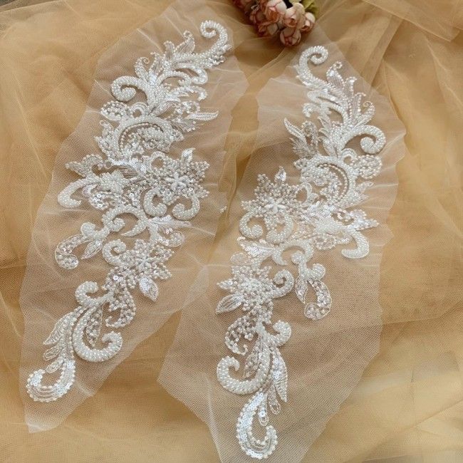 2 Pieces White Sequined Beaded Embroidered Bridal Lace Applique Material SDY003