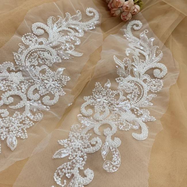 2 Pieces White Sequined Beaded Embroidered Bridal Lace Applique Material SDY003