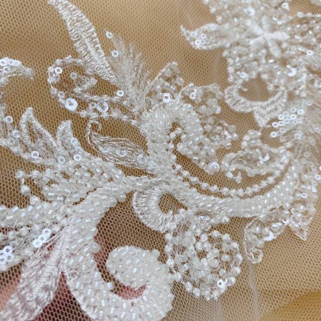 2 Pieces White Sequined Beaded Embroidered Bridal Lace Applique Material SDY003