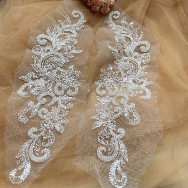 2 Pieces White Sequined Beaded Embroidered Bridal Lace Applique Material SDY003